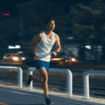 A runner at night on a busy street.