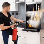 Man puts out a fire in his oven with a fire extinguisher.